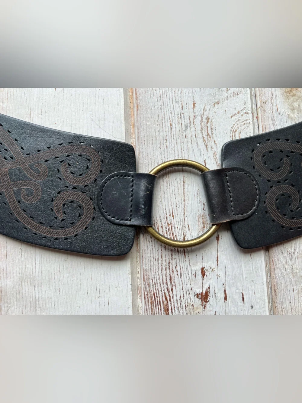Hobo Wide Black and Brown Leather Waist Belt with Brass Ring